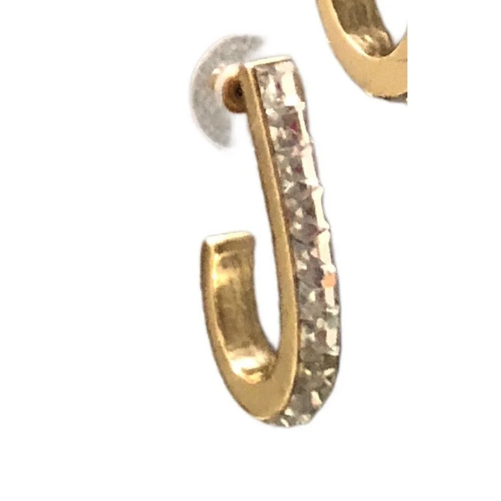 Huggie Hoop Earrings Clear Princess Cut Crystals Gold tone Pierced Ear